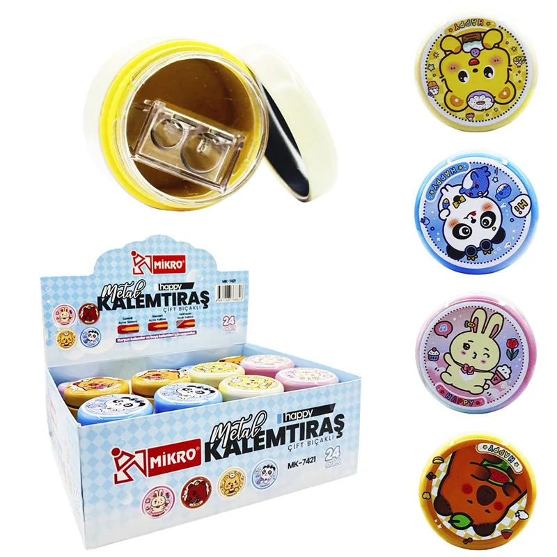 50329-1 Mıkro Mk-7421 Happy Metal Çiftli Kalemtraş 24 Lü Kutu - Görsel 1
